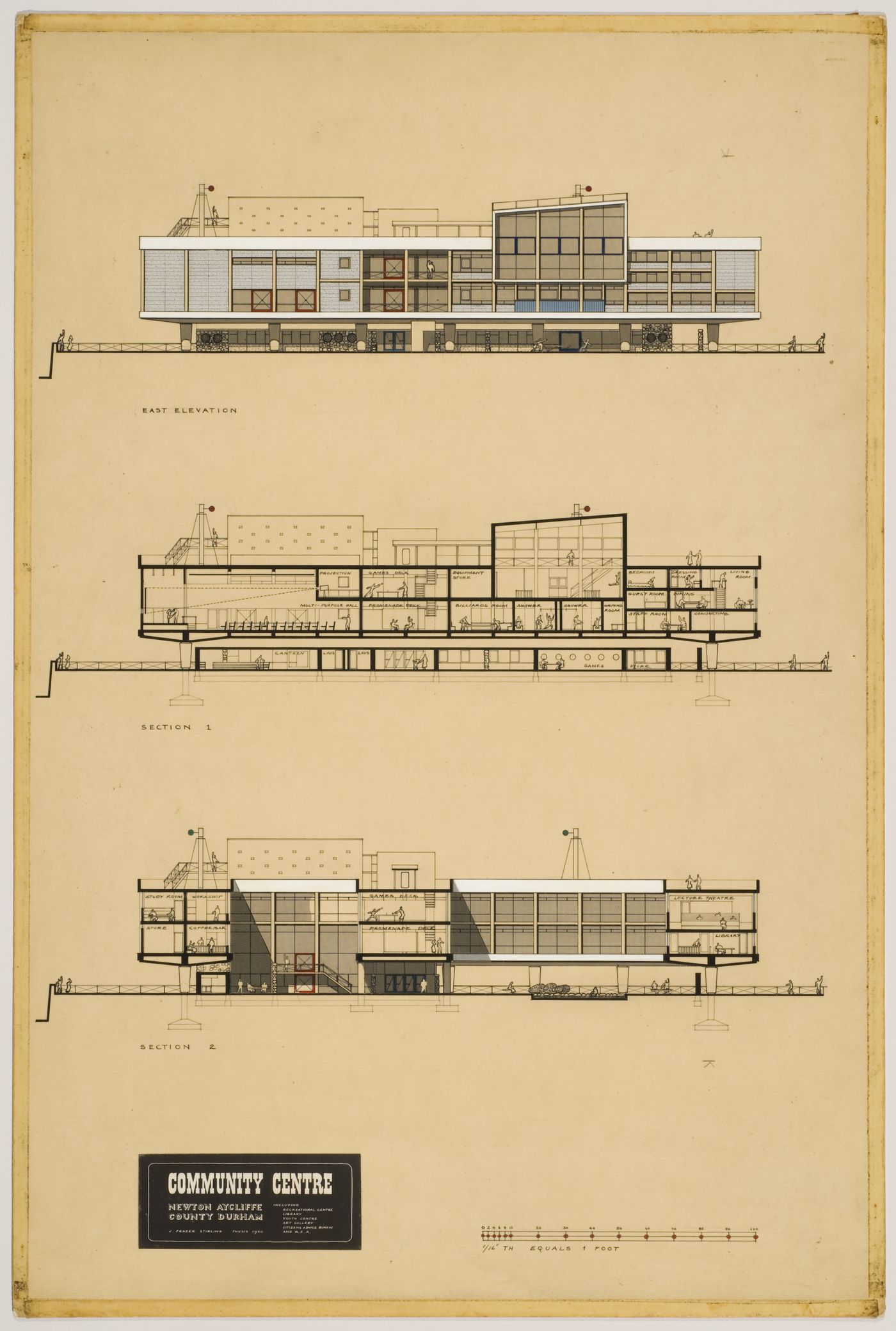 Town centre and community centre, Newton Aycliffe, England (thesis, Liverpool School of Architecture): elevation and sections
