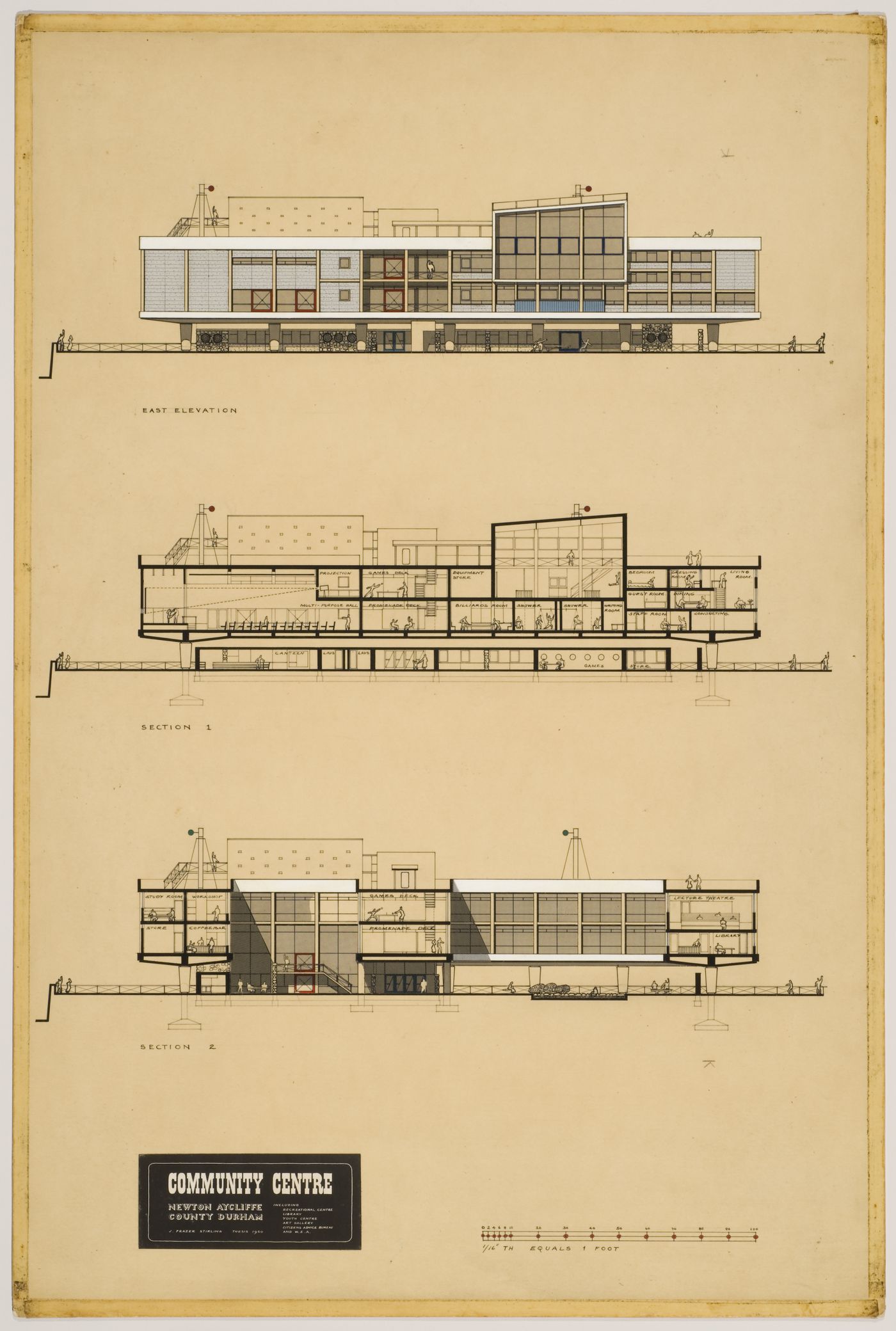 Town centre and community centre, Newton Aycliffe, England (thesis, Liverpool School of Architecture): elevation and sections
