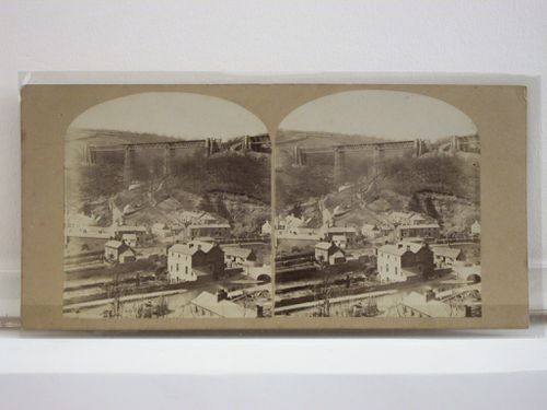 Stereograph of Monmouthshire (now in Gwent County) with the Crumlin Viaduct under construction in the background, Wales