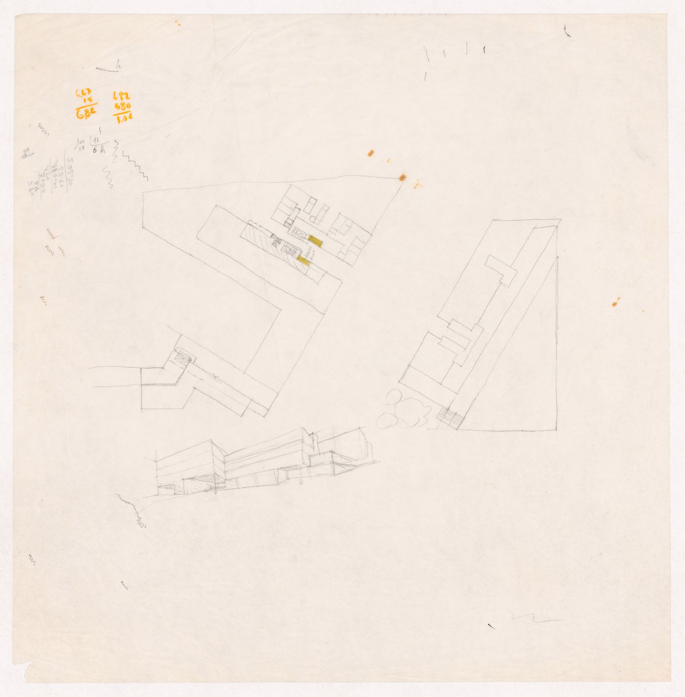 Sketch floor plans and perspective for Habitações Colectivas da Mobil Oil Portuguesa, Matosinhos, Portugal