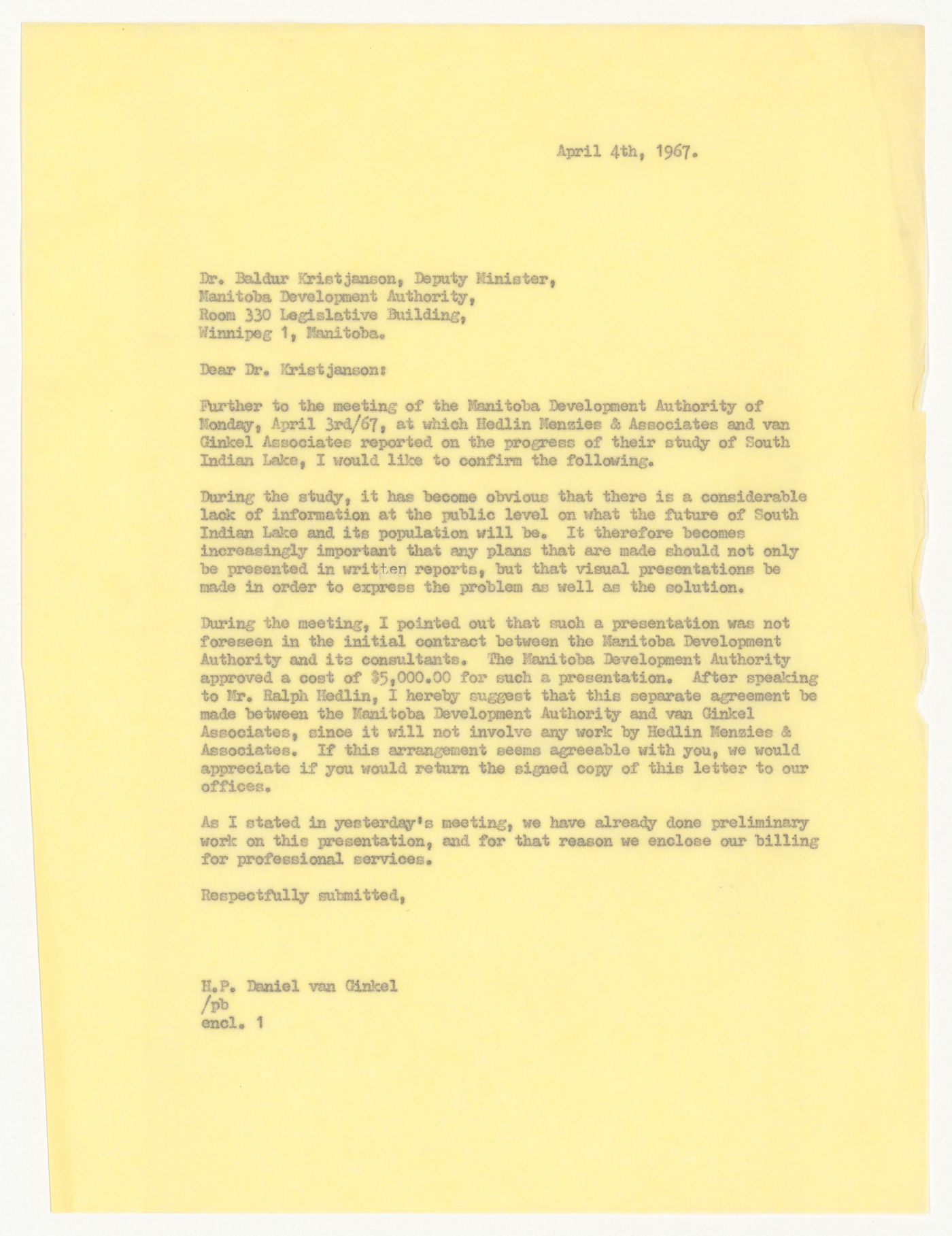 Letter from H. P. Daniel van Ginkel to Baldur Kristjanson for South Indian Lake, Manitoba