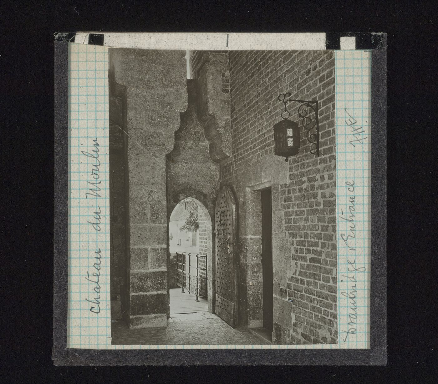 View of drawbridge and entrance to Château du Moulin, France
