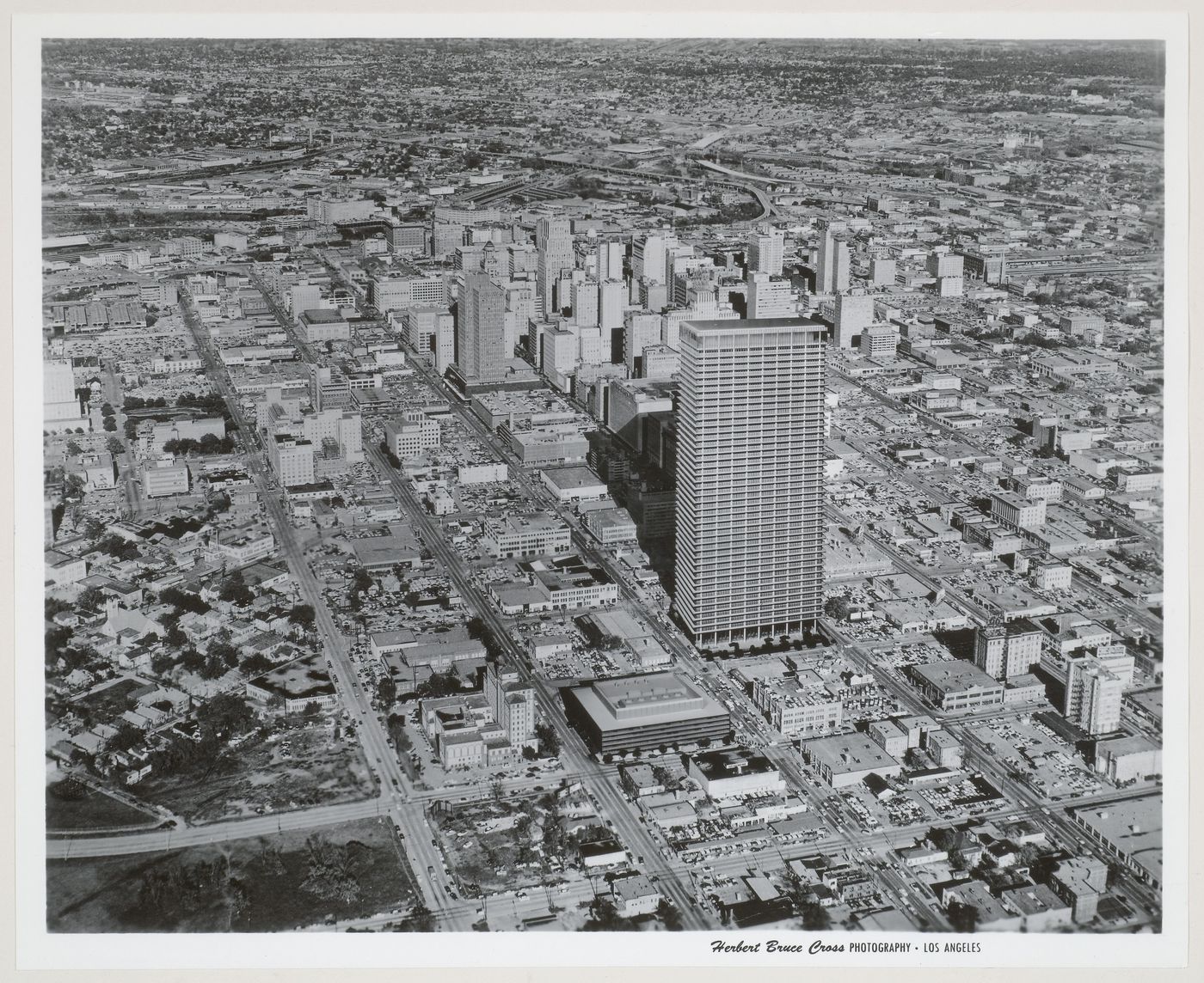 Aerial view of the model of the Humble Oil building and surrounding city area, Houston, Texas, United States
