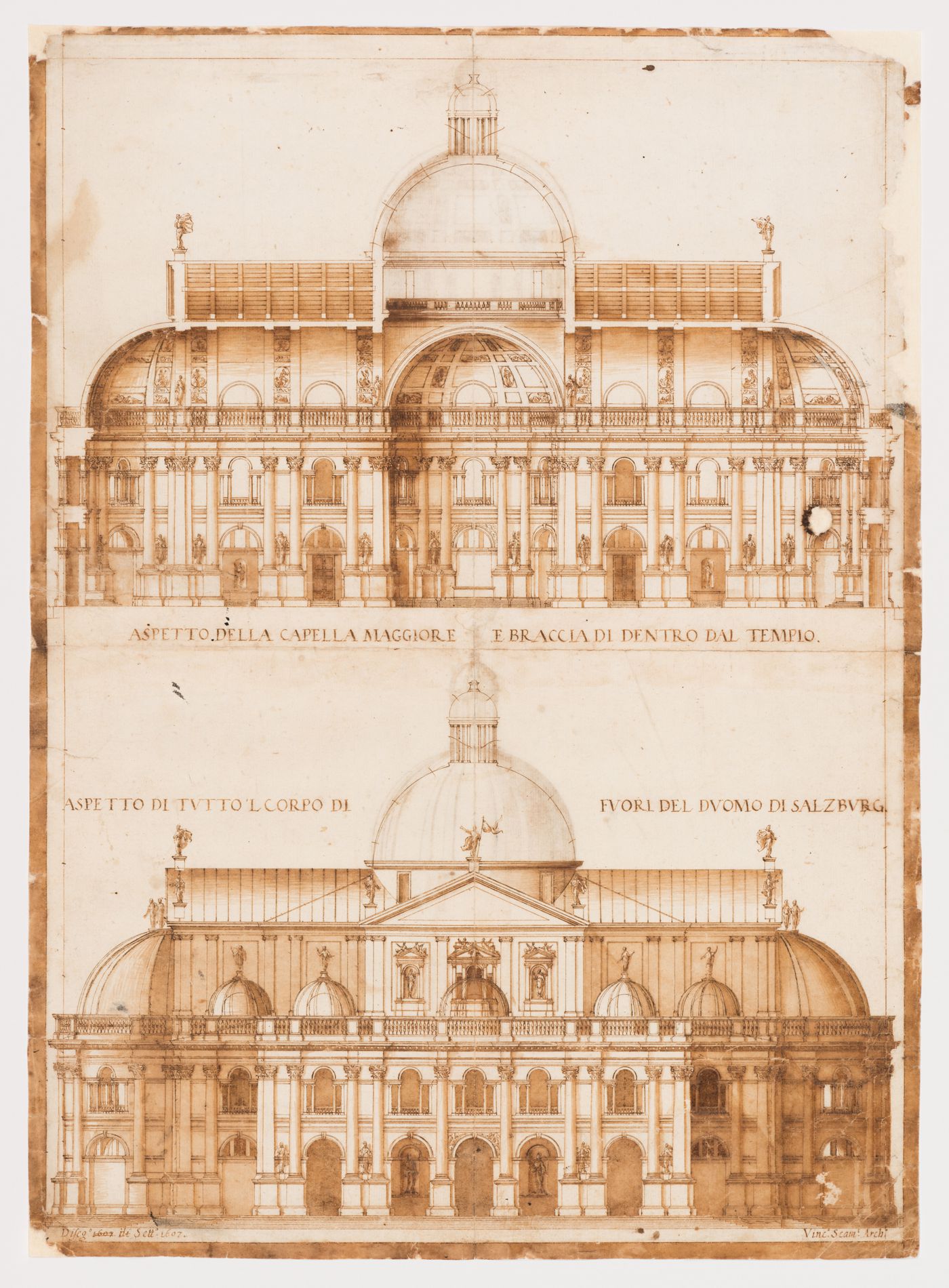 Section and elevation of a design for Salzburg Cathedral; verso: Section and elevation of a variant design for the cupola