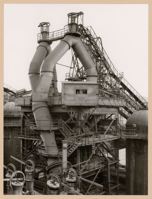 View of a blast furnace head of Arbed steel mill, Terre Rouge, Esch-sur-Alzette, Luxembourg
