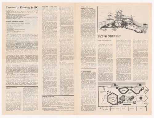 Issue of Community Planning in BC, including an article by Cornelia Hahn Oberlander on Children's Creative Centre Playground, Canadian Federal Pavilion, Expo '67, Montréal, Québec