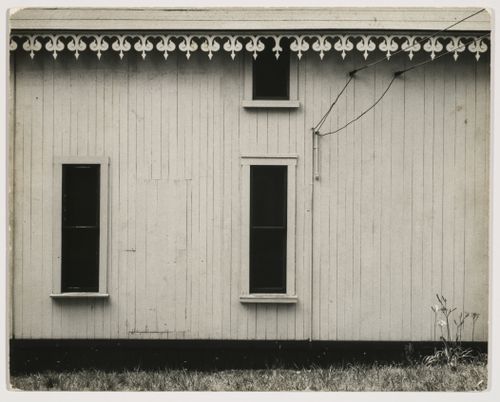 Study of wooden building with cut-out roof trim, Tabernacle City, Massachusetts