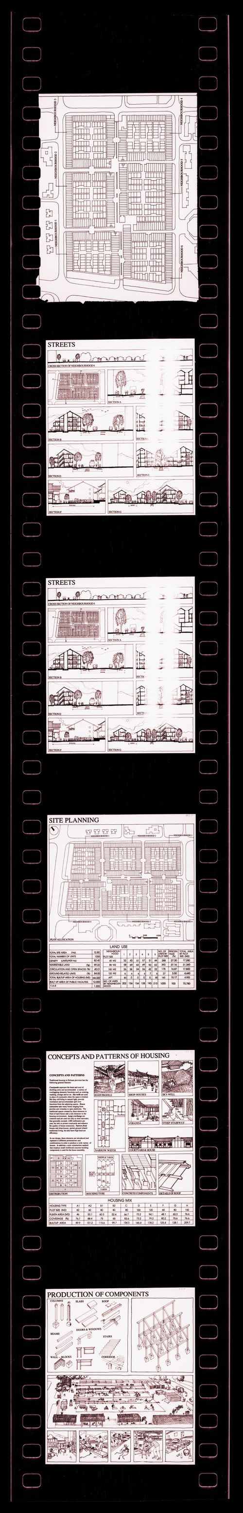 Negative strip of illustrations for the publication "Housing a Billion: Urban Upgrading: Design Ideals for Rural China" publication
