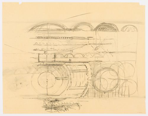 Sketch elevation and plan, and thumbnail sketch of interior, for the Palazzo dei Congressi, Venice, Italy