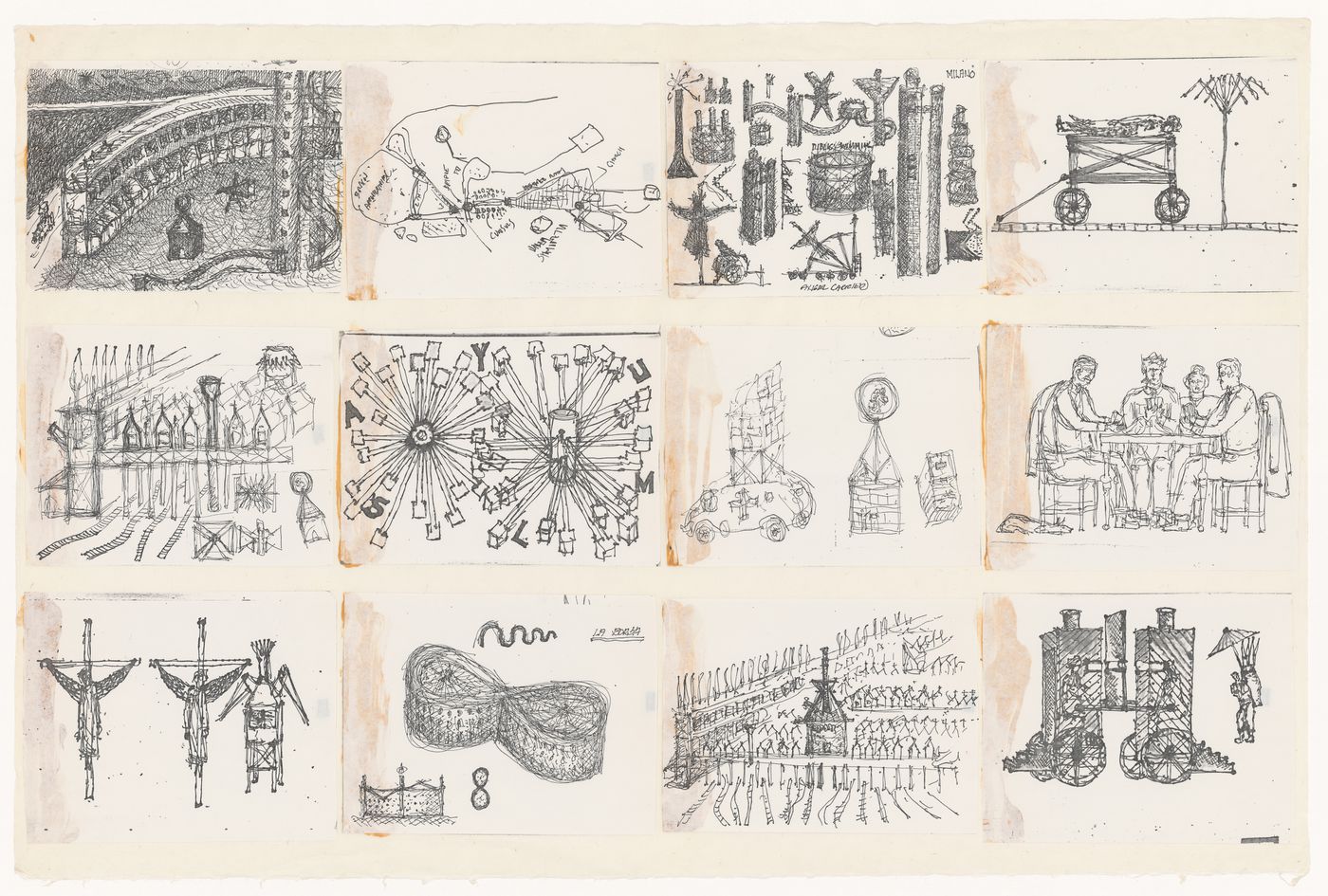 Third montage of 12 photocopied sketches, from Bovisa