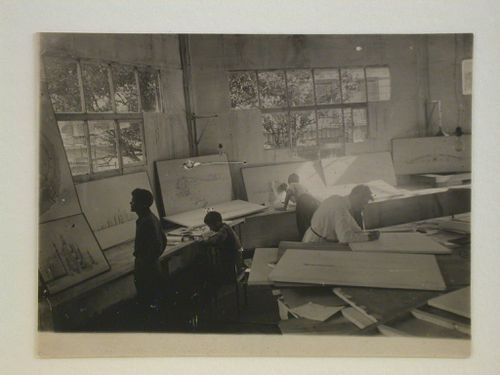 Interior view of the temporary summer pavilion in the garden of construction management V.S.F.K. showing architects at work, Tashkent, Soviet Union (now in Uzbekistan)