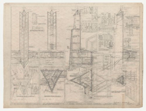 Wayfarers' Chapel, Palos Verdes, California: Plans, elevations, sections and details for the vestry and campanile and plan for the office, developed on an equilateral parallelogram grid, with sash and door schedule