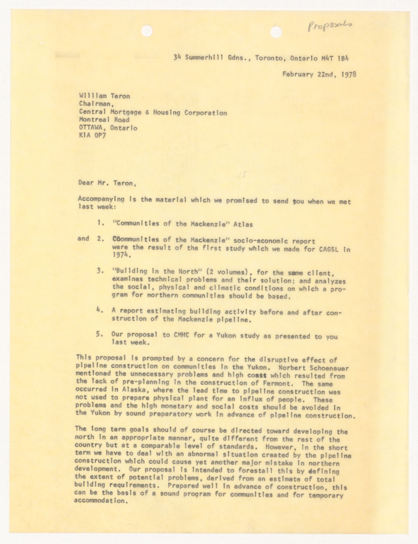 Letter from H. P. Daniel van Ginkel to William Teron for Building in the North & Mackenzie Pipeline