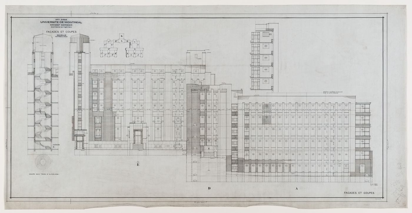 Façades et coupes des pavillons, E, D et  A,  Pavillon principal et campus, Université de Montréal, Montréal, Canada