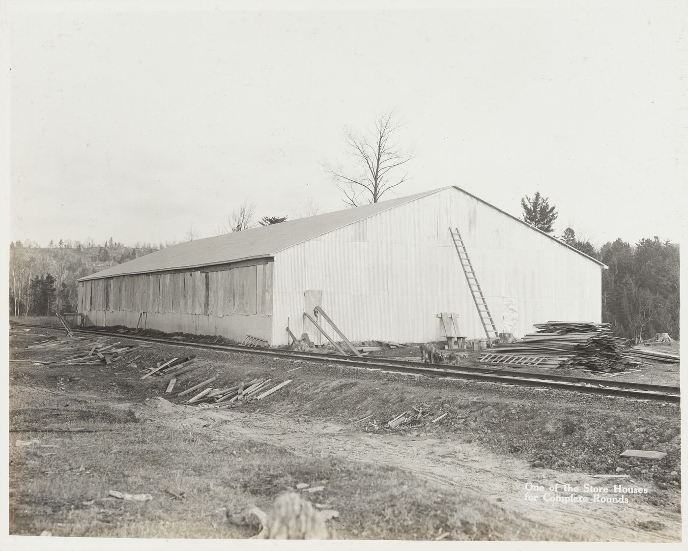 Exterior view of store house for complete rounds at the Energite Explosives Plant No. 3, the Shell Loading Plant, Renfrew, Ontario, Canada