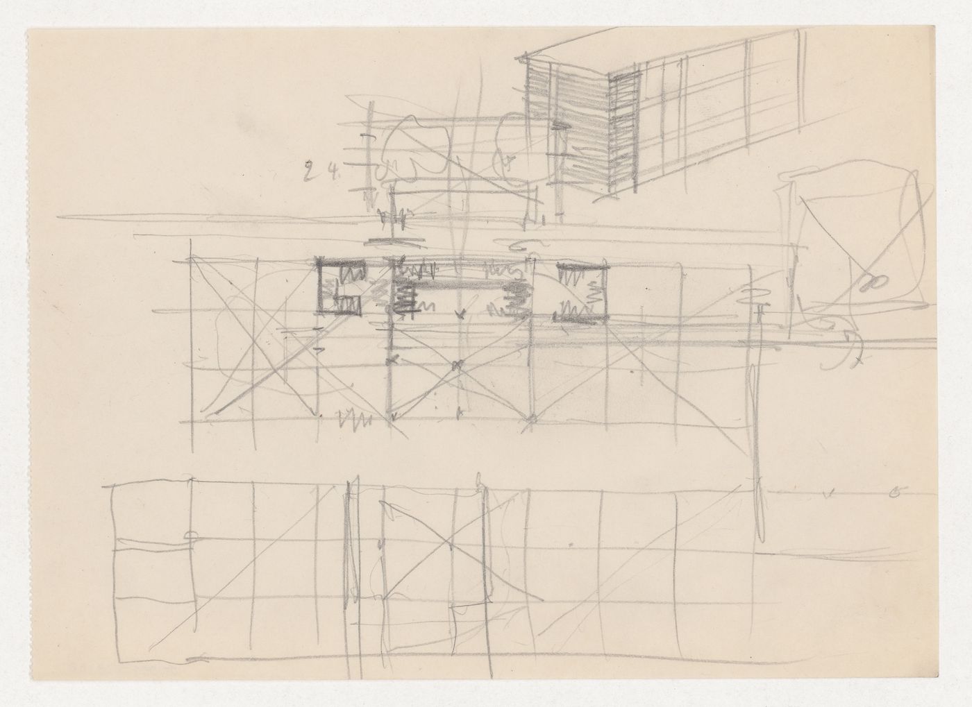 Sketch plans and axonometric sketch for a campus building for Illinois Institute of Technology