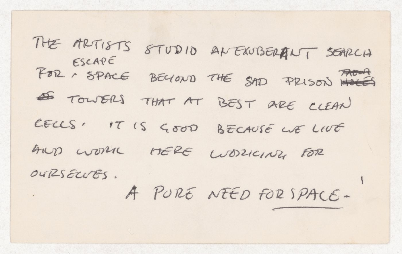 The artists studio an exuberant search for escape space beyond the sad prison towers that at best are clean cells. It is good because we live and work here working for ourselves. / A pure need for space