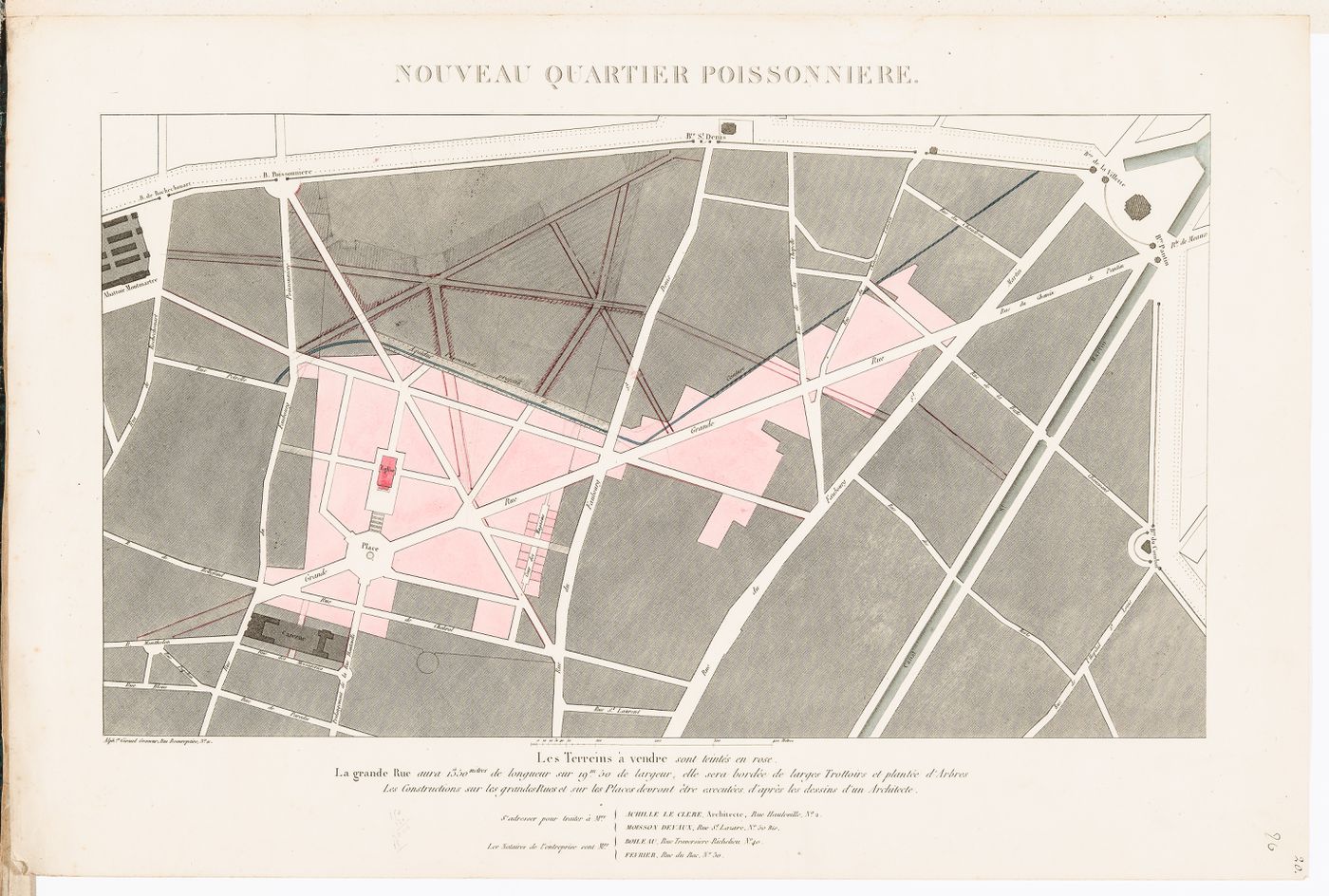 Site plan for the nouveau quartier Poissonnière showing the proposed rue La Grande, and a block plan for the horse auction house and infirmary, Clos St. Charles