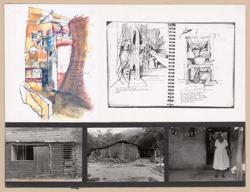 Presentation panel with painting of a street view, pages of a sketchbook, and photographs a house with its resident for the Urban Upgrading project in La Esperanza, Mexico
