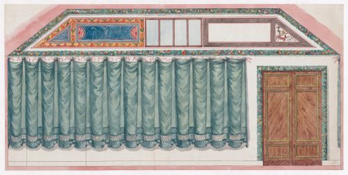 Élévation pour le décor d'une pièce, possiblement une chambre à coucher, avec grand rideau vert et châssis de fenêtre en voussure