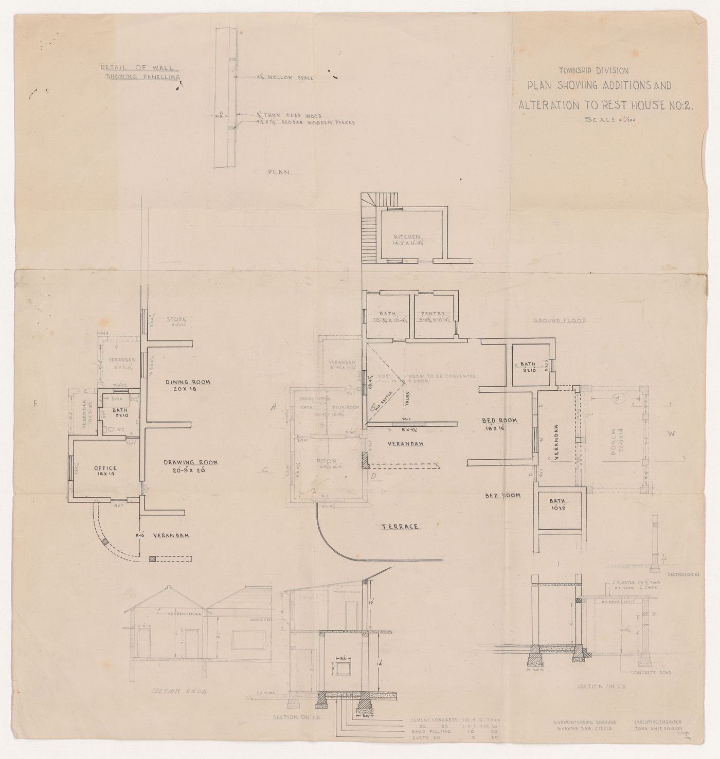 Plans, sections, and detail for Rest houses, Bhakra-Nangal Project, Talwara, India
