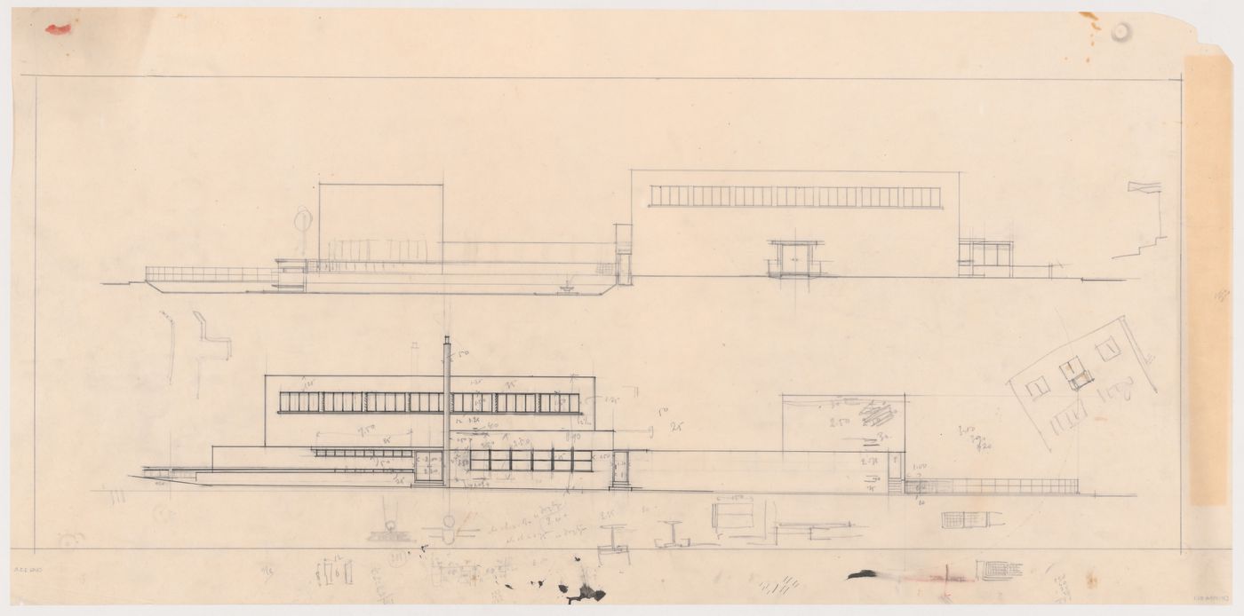 Elevations, partial sketch elevation and details for the church for Kiefhoek Housing Estate, Rotterdam, Netherlands