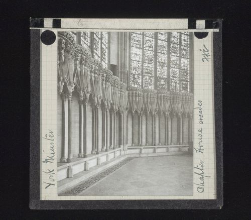 View of choir stalls and canopies of Chapter House, York Minster, York, North Yorkshire, England
