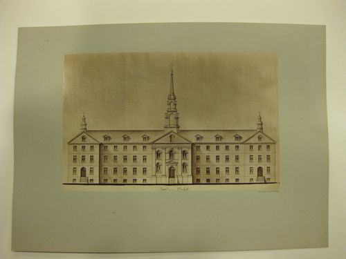 Photograph of a drawing of the Maison-mère des Soeurs Grises showing the east Dorchester Street (now René Lévesque Boulevard) façade, Montréal, Québec
