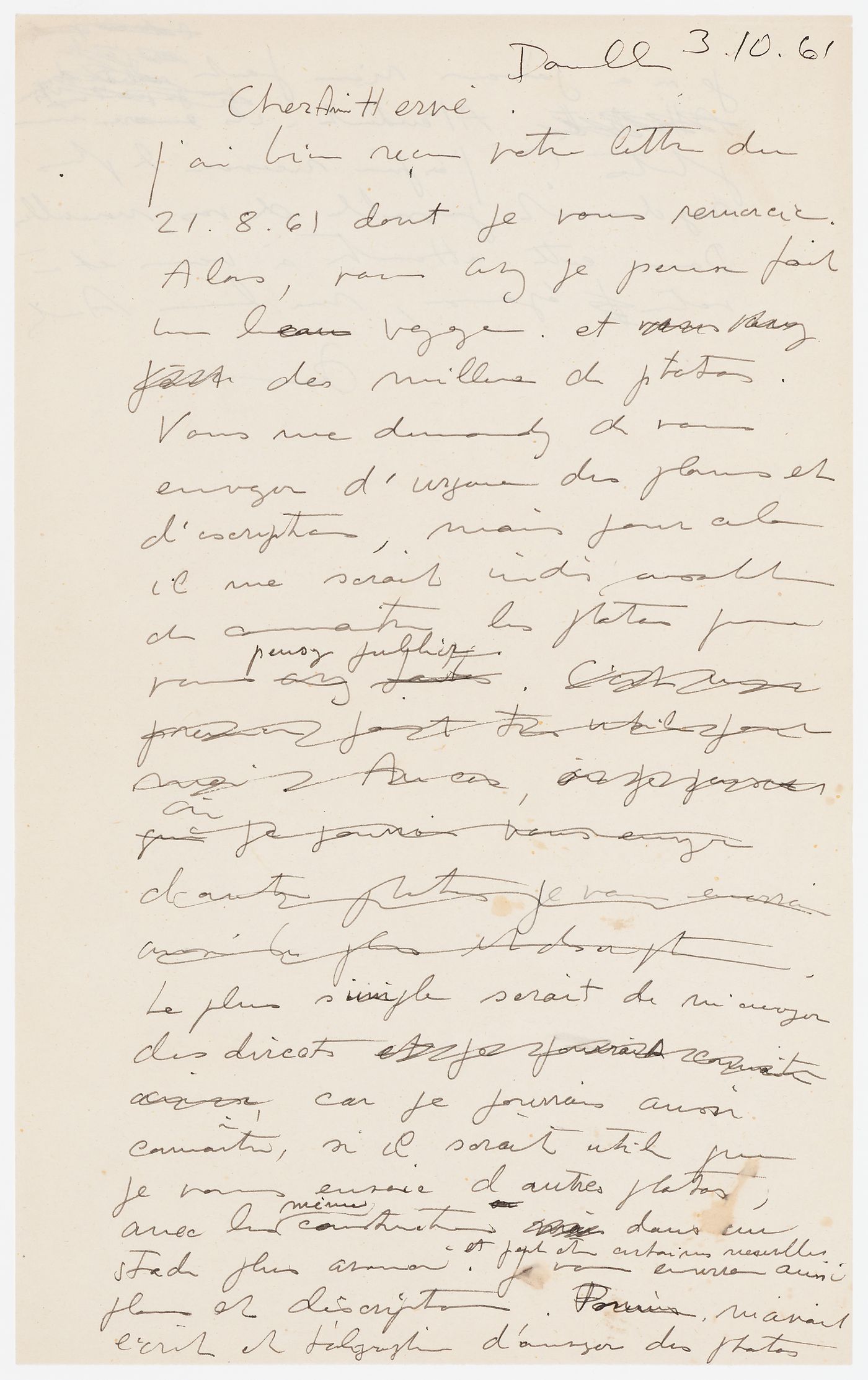 Brouillon d'une lettre de Pierre Jeanneret à Lucien Hervé