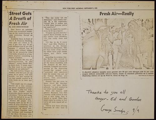 Annotated photocopy of a newspaper article by Jan Hodenfield, "Street Gets a Breath of Fresh Air, "New York Post", p. 2