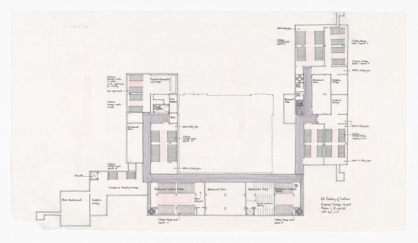 Proposed storage layout sketch plan for Henry Moore Sculpture Centre, Art Gallery of Ontario, Stage I, II and III Expansion, Toronto