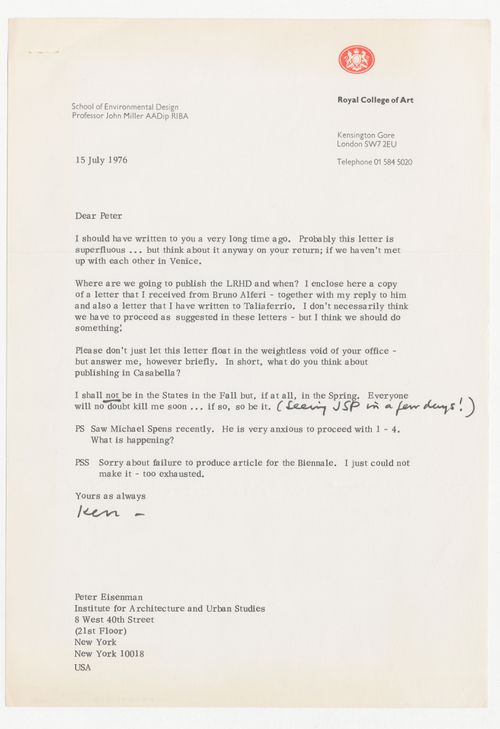 Letter from John Miller to Peter D. Eisenman about Low-Rise High-Density (LRHD)