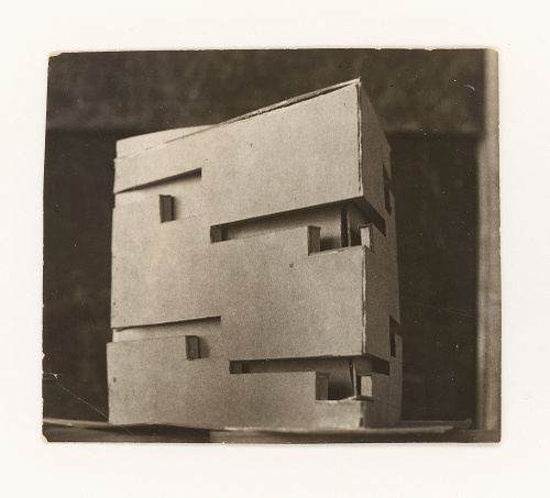 Photograph of a student model on the topic "Finding the Form of Blunt Massive Volume (Parallelepiped, Cylinder, Complex Configuration)" for the "Space" course at the Vkhutemas (Higher State Artistic Technical Studios), Moscow