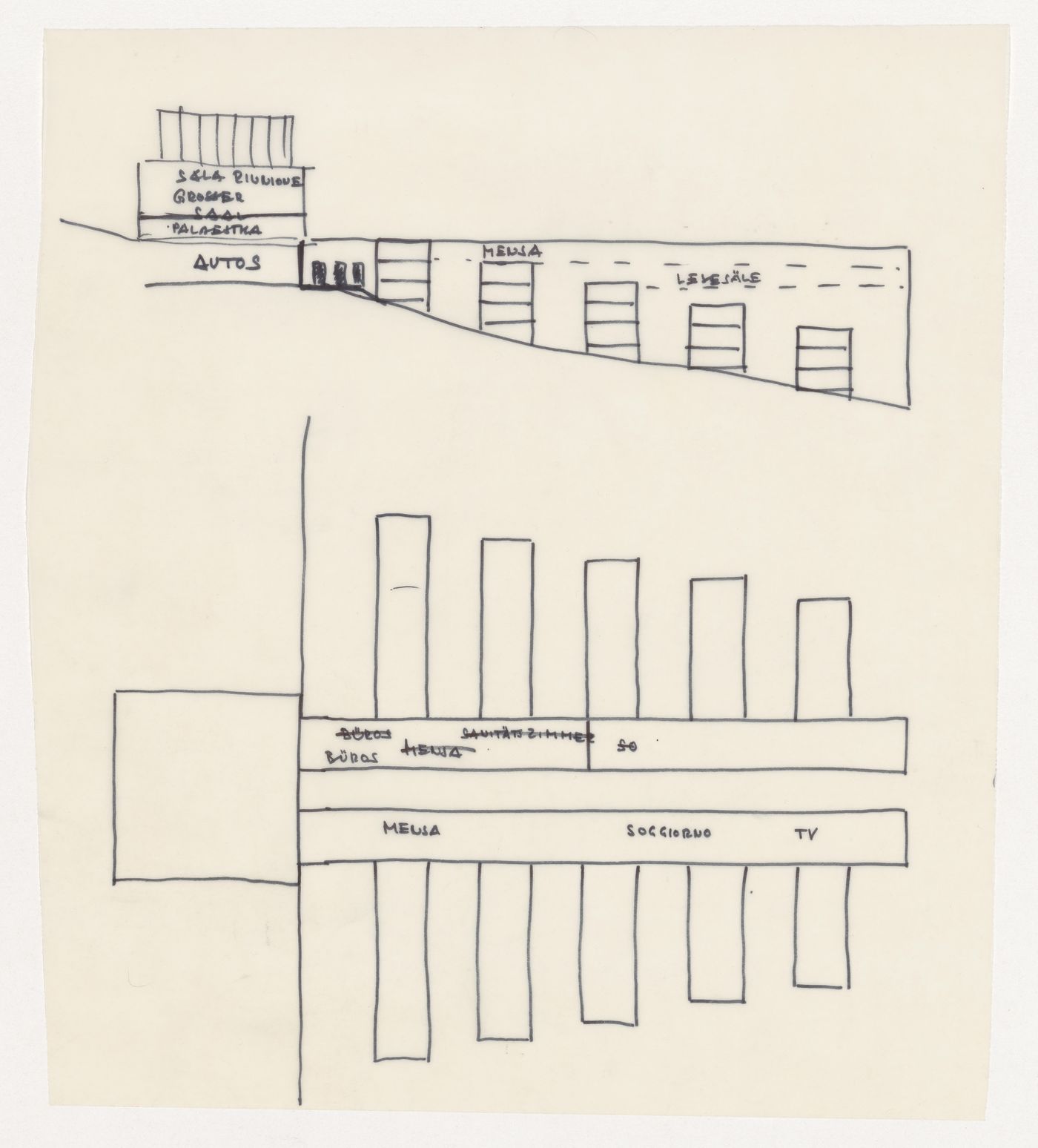 Sketch elevation and plan for Casa dello studente, Trieste, Italy