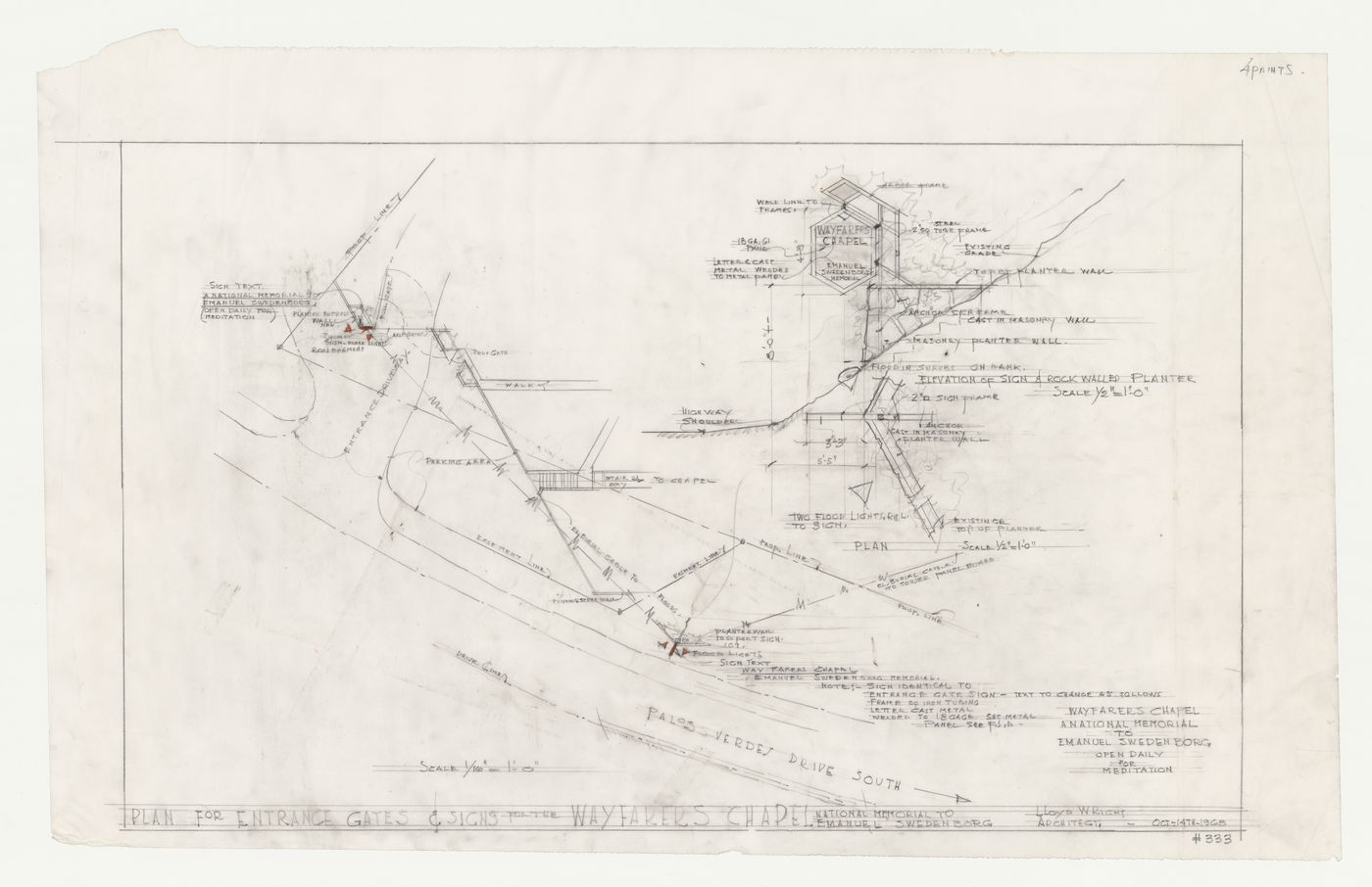 Wayfarers' Chapel, Palos Verdes, California: Partial site plan showing entrance gate and roadside sign, with elevation and section through site showing roadside sign