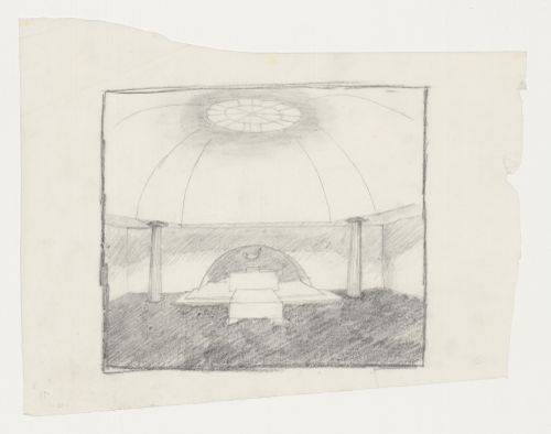 Interior sketch perspective for Woodland Chapel showing the altar and catafalque, Woodland Cemetery, Stockholm, Sweden