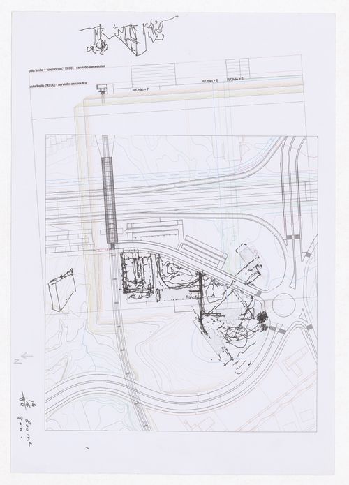 Site plan with sketch plans and perspectives for Plano de Urbanização da Nova Maia, Parque do Millenium, Maia, Portugal
