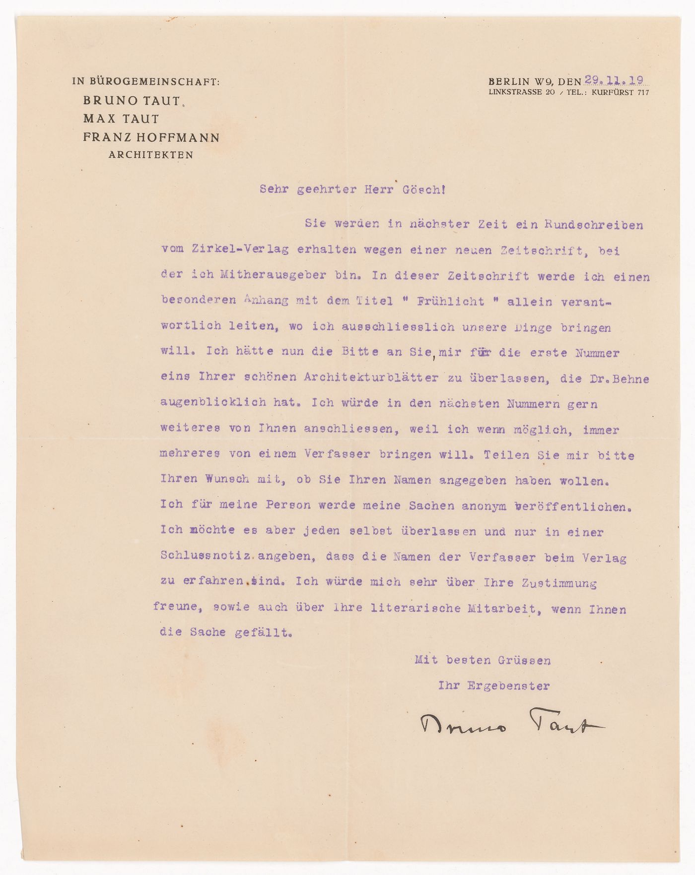 Letter from Bruno Taut to Herr Gösch, possibly Paul Goesch