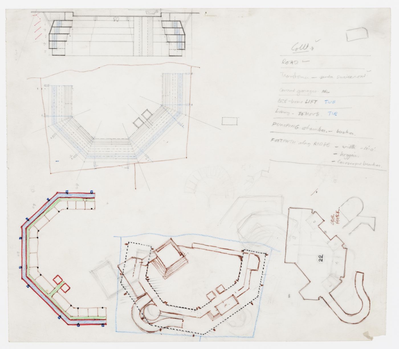 Florey Building, Queen's College, University of Oxford, Oxford, England: sketch plans and section with notes