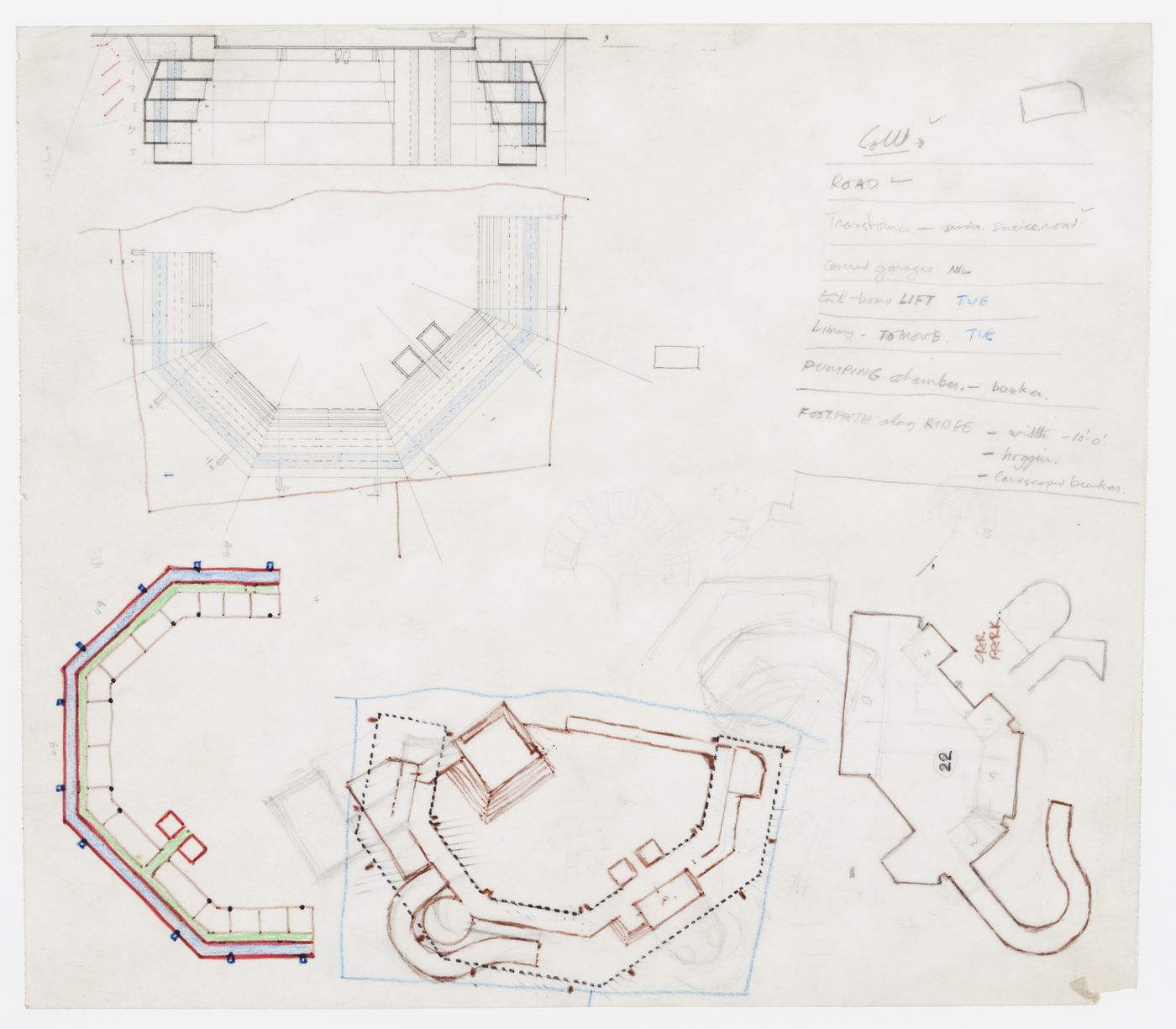 Florey Building, Queen's College, University of Oxford, Oxford, England: sketch plans and section with notes