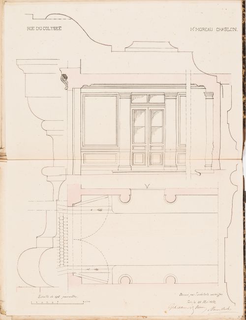 Contract drawing for a house for Monsieur Moreau Chaslon, rue du Colysée, Paris: Partial plan, partial longitudinal section, and profiles of the columns and panelling for the passage of the "porte cochère"
