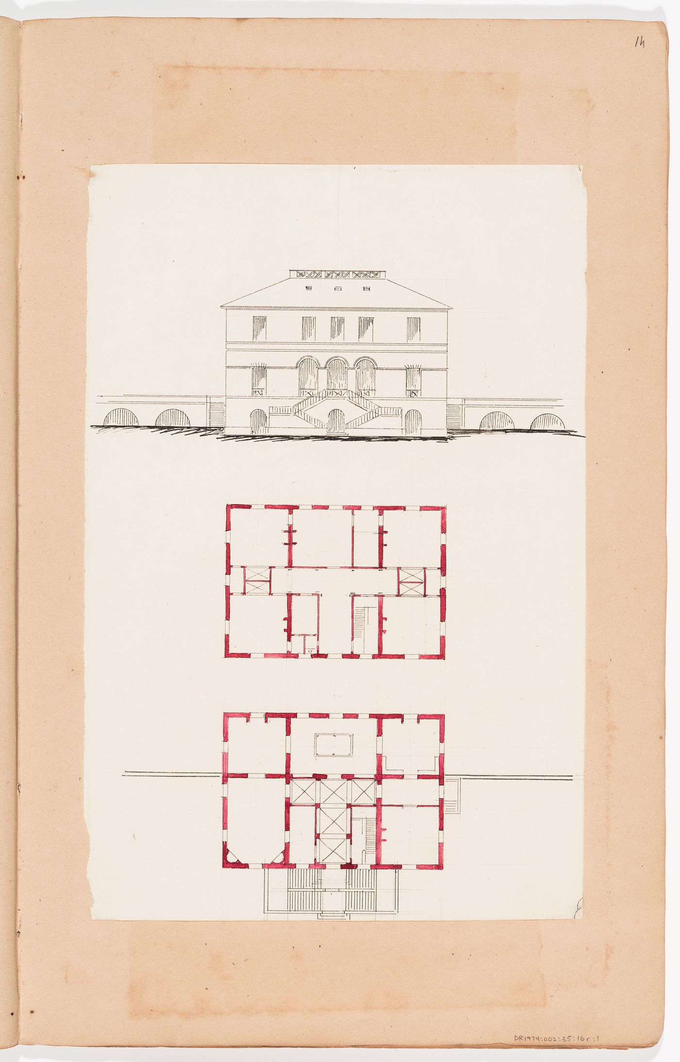 Front elevation and ground and first floor plans for a country house; verso: Sketch front elevation and plans for a country house