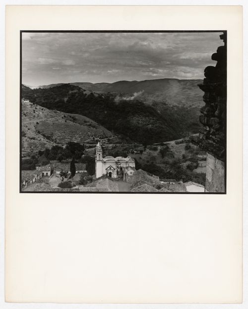 View of a church, valley and hills, from Santa Prisca, Taxco de Alarcón, Mexico