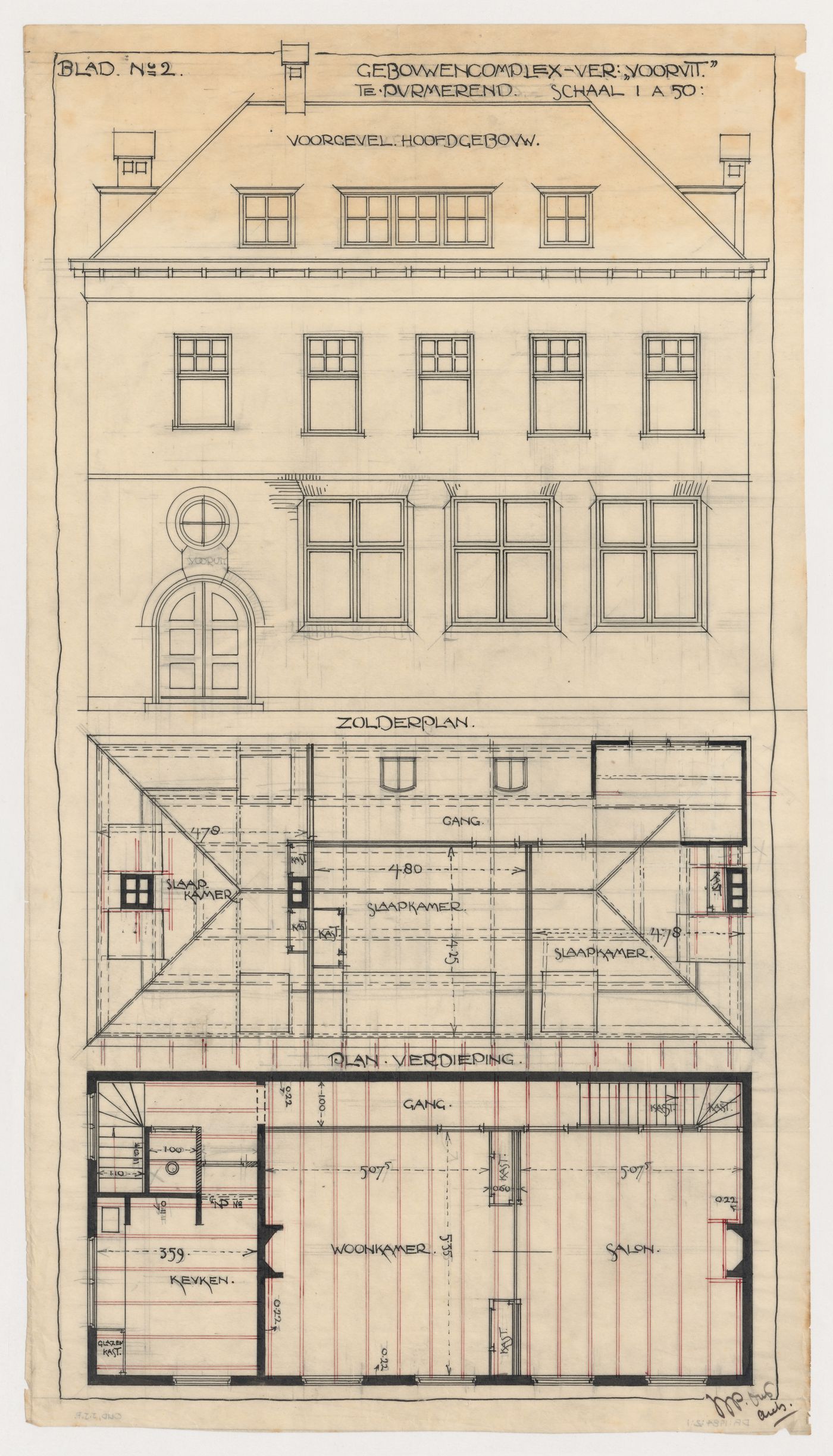 Principal elevation and second floor and attic plans for Vooruit Cooperative meeting hall, Purmerend, Netherlands