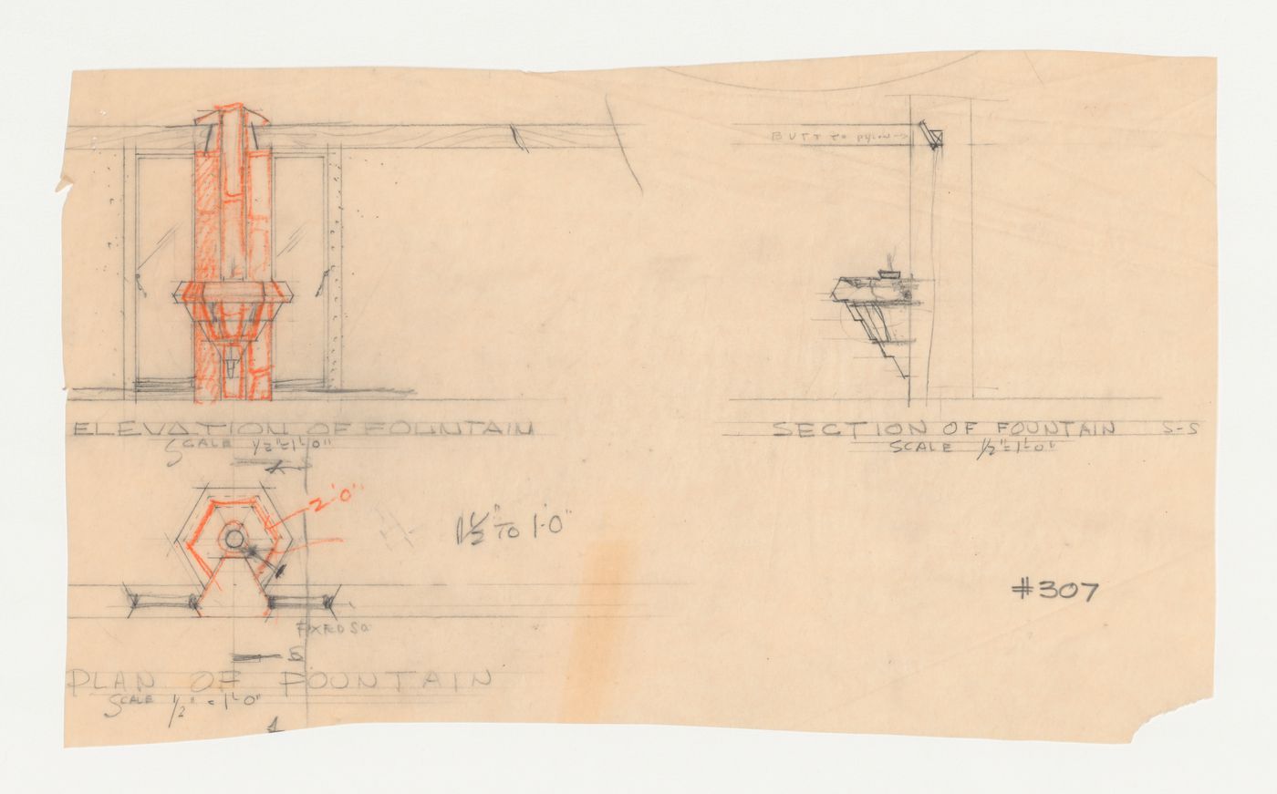 Wayfarers' Chapel, Palos Verdes, California: Elevation, plan and section for the baptismal font