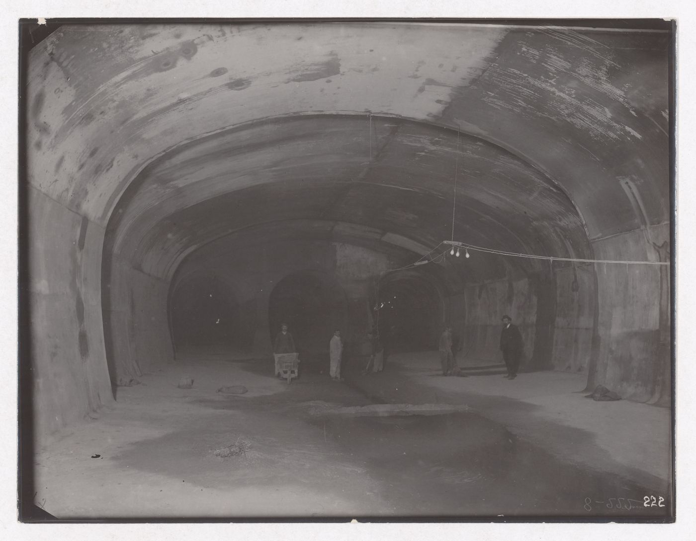 Construction of the Paris Metro, interior view of tunnel with workers, Paris, France