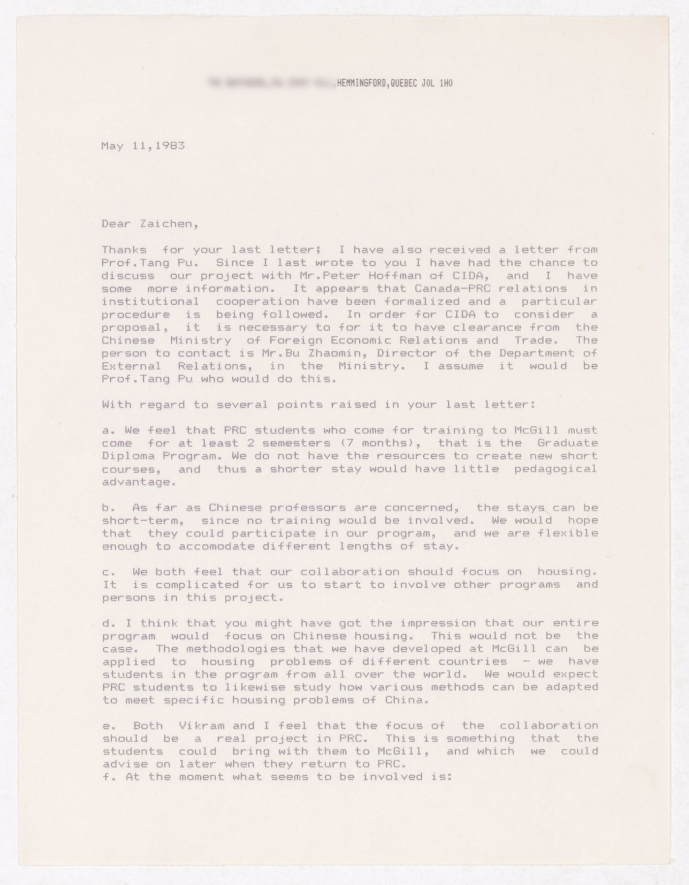 Letter by Witold Rybczynsky about the planning of the Sichuan housing project in China