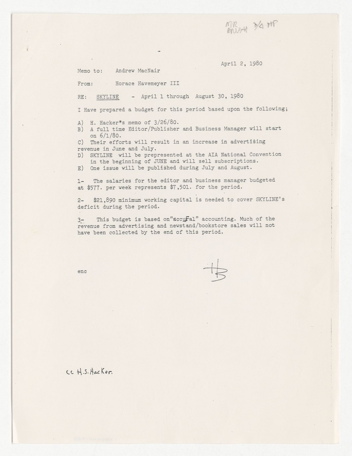 Memorandum from Horace Havemeyer III to Andrew MacNair about the budget for Skyline from April 1 to August 30, 1980