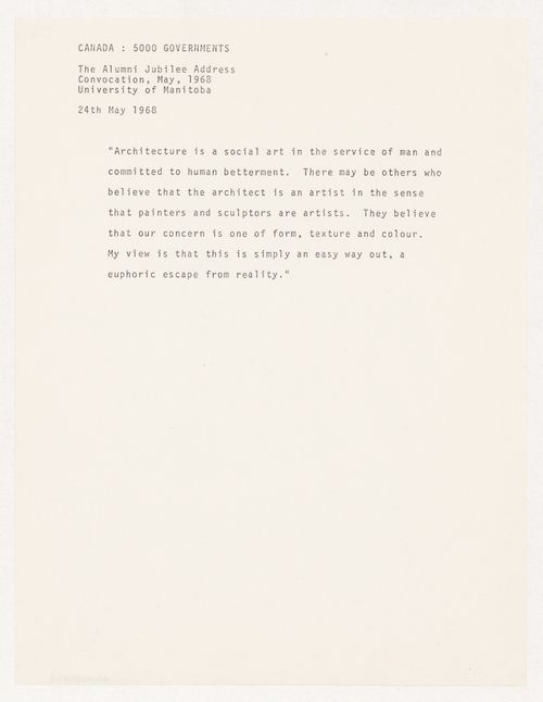 "Canada: 5000 Governments" quotation from Parkin speech for the Alumni Jubilee Address at the University of Manitoba convocation