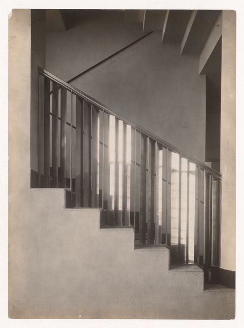 Interior view of staircase handrail in the Mallet-Stevens hôtel particulier, Mallet-Stevens road in the 16th arrondissement, Paris, France